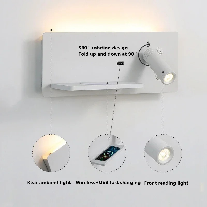 LED Wall Lamp Reading Light Bedroom Phone Wireless Charging USB Charging Rotatable Wall Rotatable Lights Living Room Beside Lamp