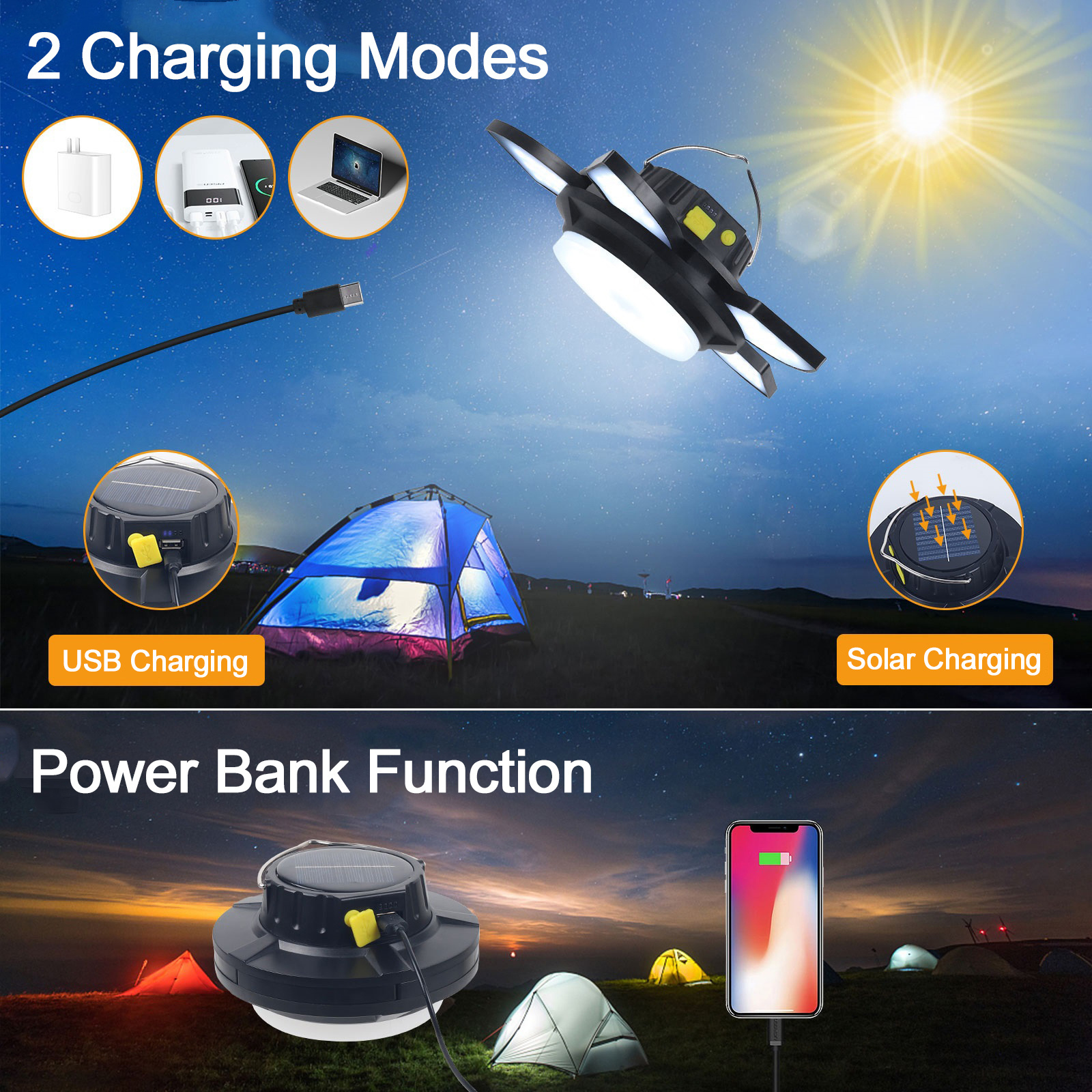 IP65 Solar USB Pendant Light with Remote Control Outdoor  LED Sensor Lamp Dimmable Security Light for Garage Garden Porch