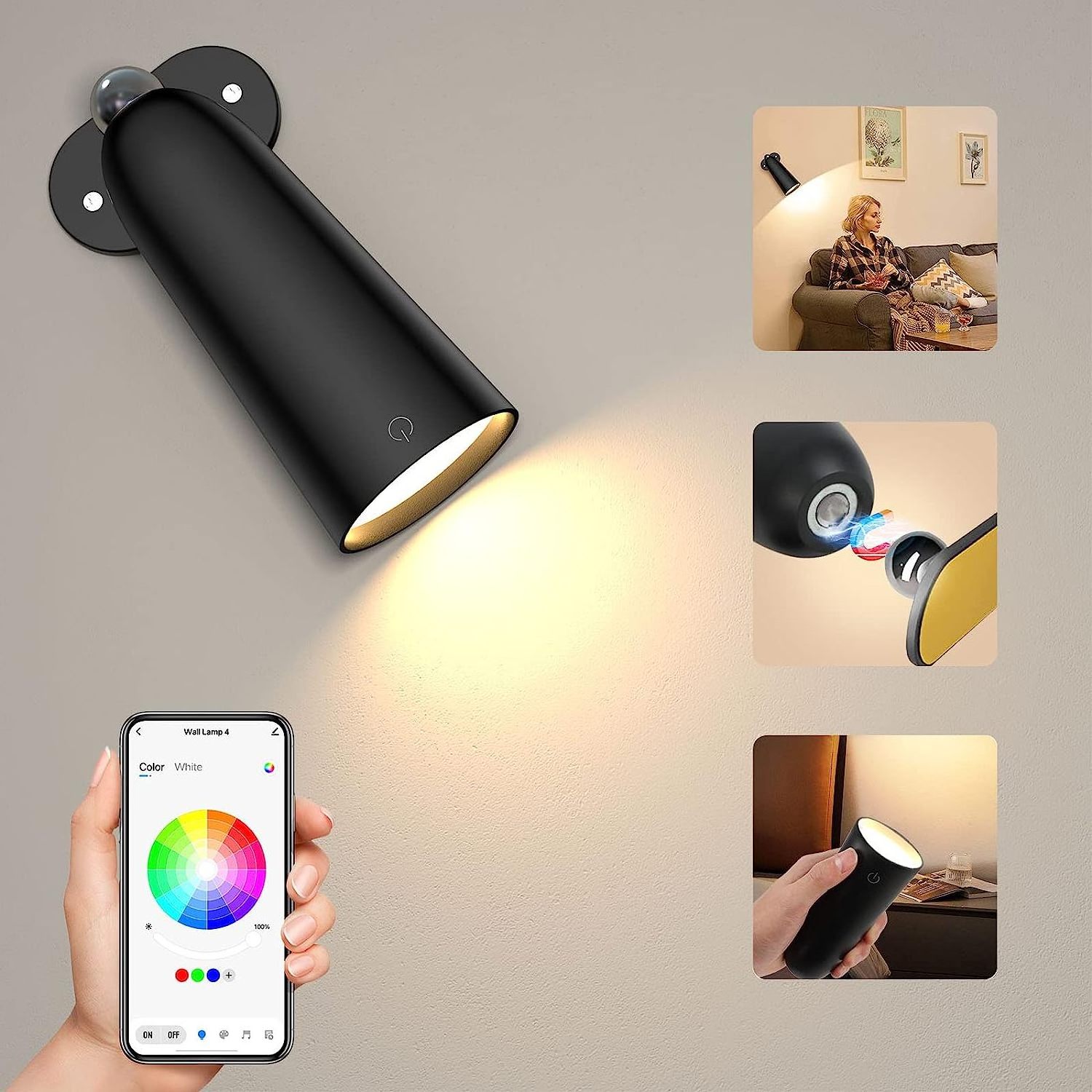 LED Wall Sconces Smart RGB Wall Mounted Lamps with 360 Rotate Stepless Dimming APP Touch Control Wireless Wall Lights for Indoor