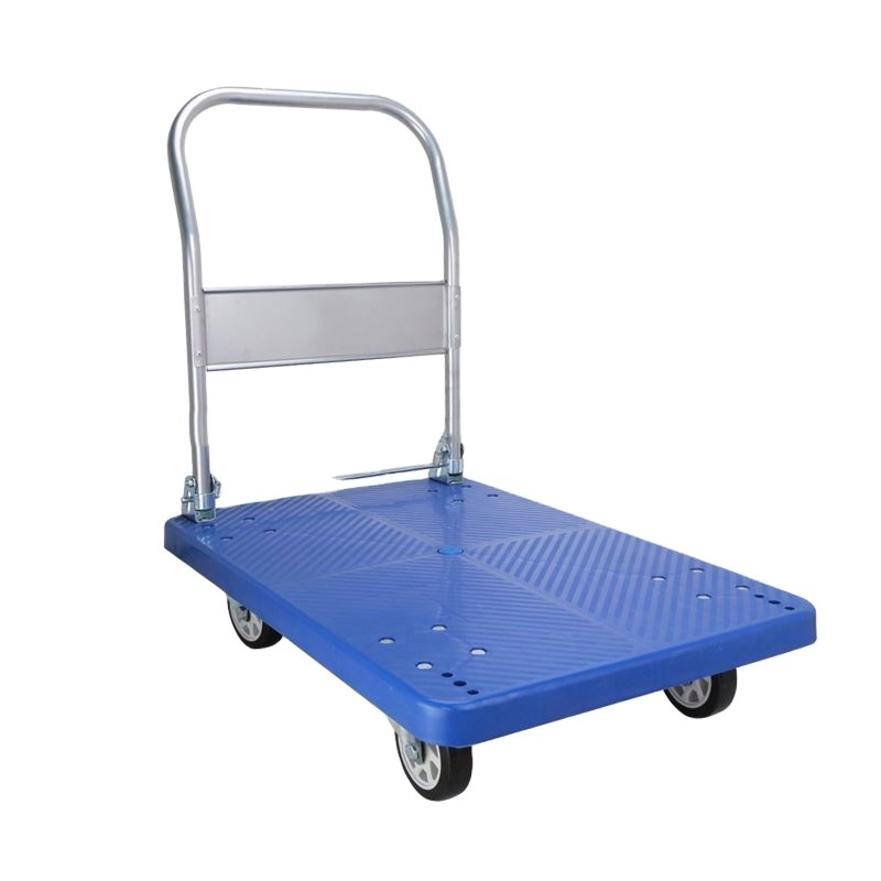 300kgs folding hand cart warehouse heavy duty plastic platform cargo trolley with 4 pneumatic wheel