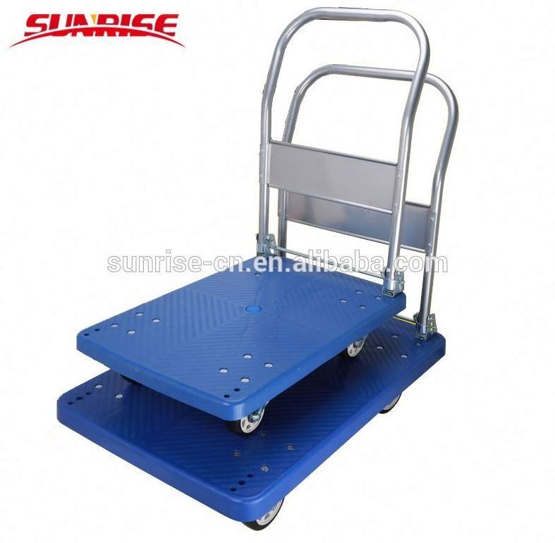 300kgs folding hand cart warehouse heavy duty plastic platform cargo trolley with 4 pneumatic wheel