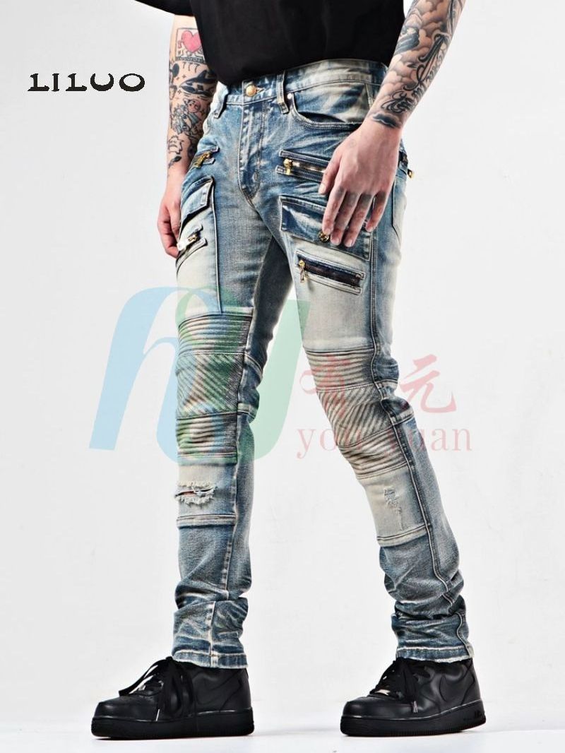 Hot sale new men fashion jeans biker denim pant wild denim fabric distressed spray paint ripped slim fit patched pants jeans