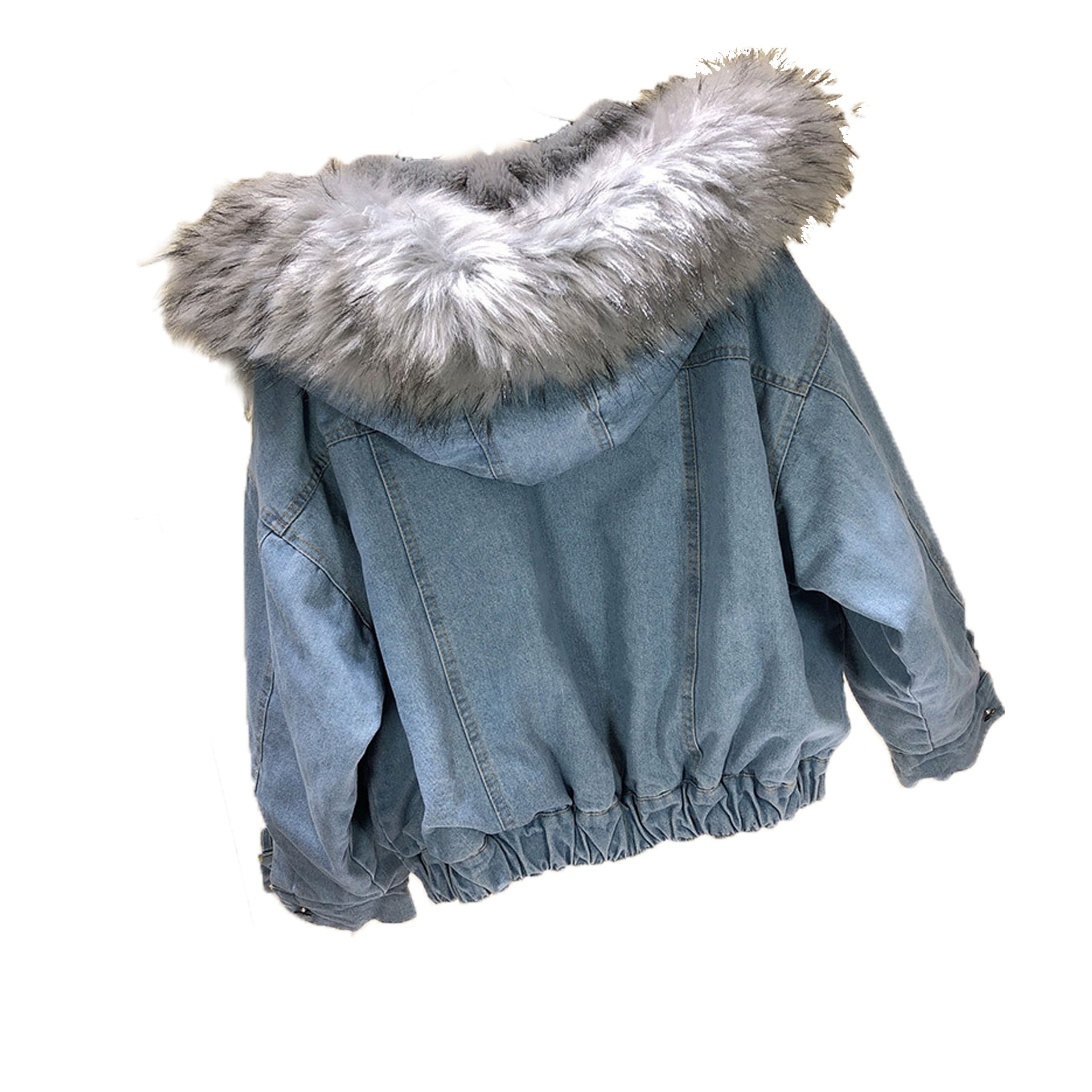 Western style slim fitting big raccoon collar cowboy parka fox fur lined jeans jacket coat for women