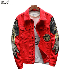 Liluo Men's trendy wings embroidery jean jacket Fleece or Unlined slim denim coat Black Red adult jackets