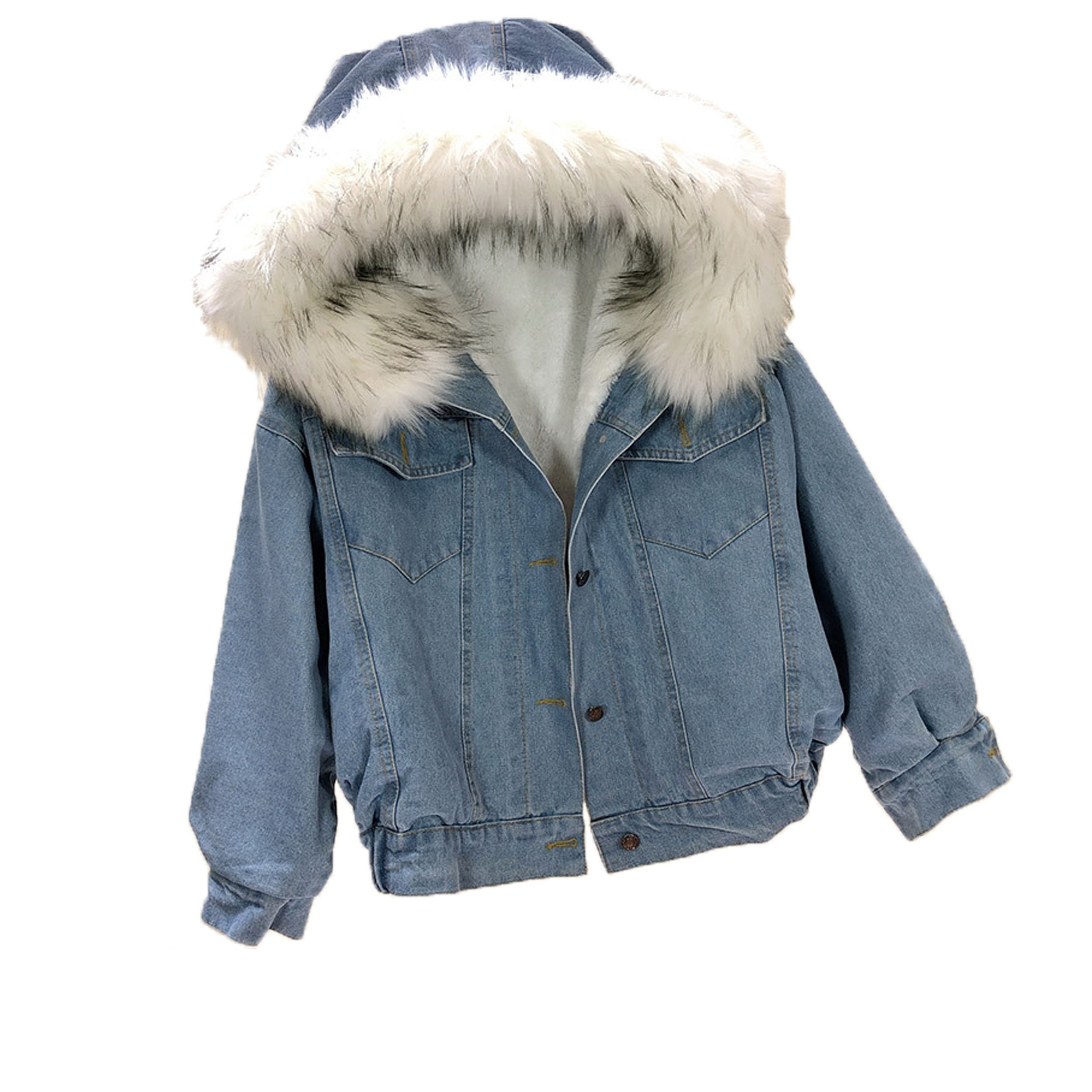 Western style slim fitting big raccoon collar cowboy parka fox fur lined jeans jacket coat for women