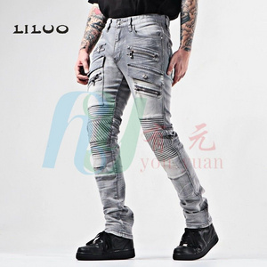 Hot sale new men fashion jeans biker denim pant wild denim fabric distressed spray paint ripped slim fit patched pants jeans