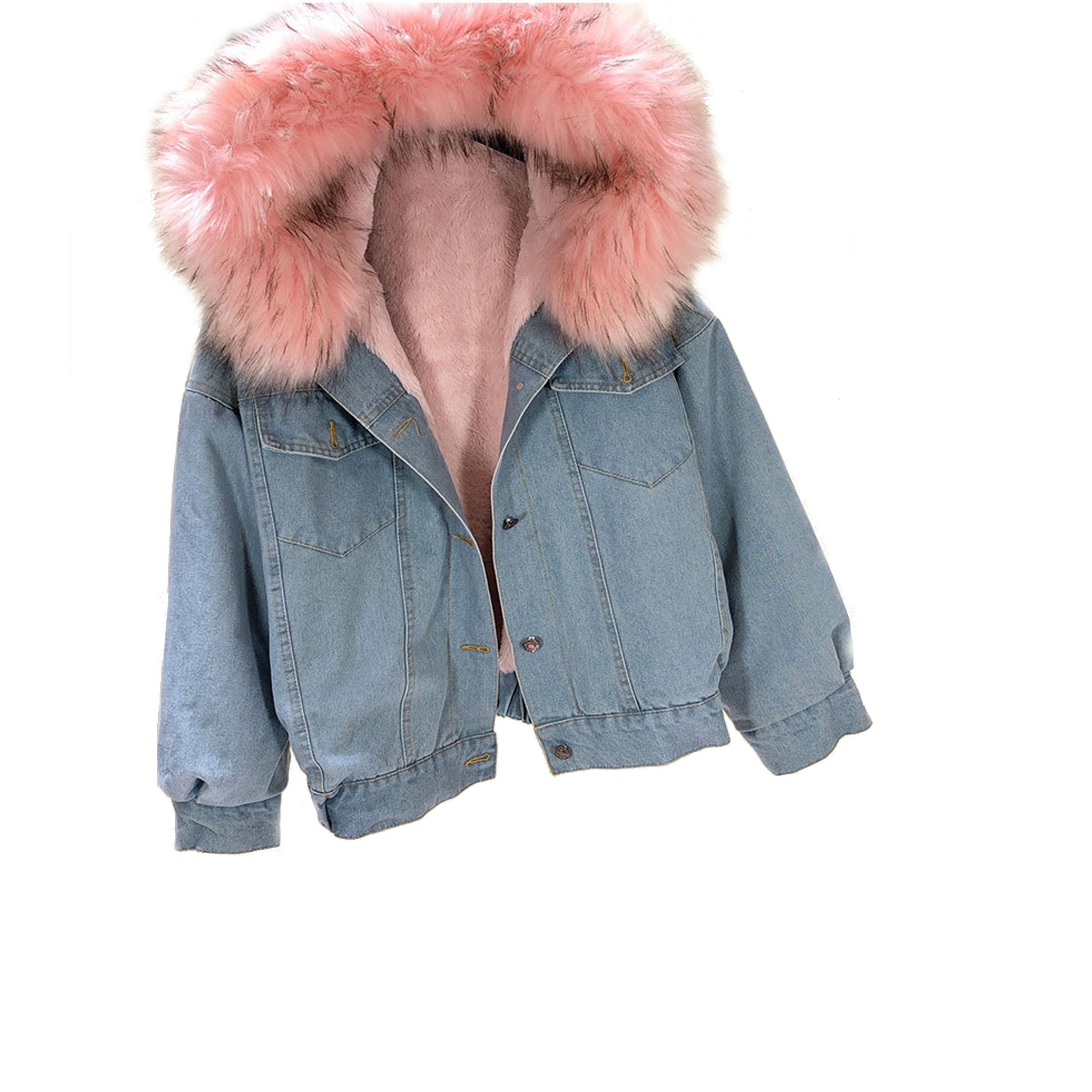 Western style slim fitting big raccoon collar cowboy parka fox fur lined jeans jacket coat for women