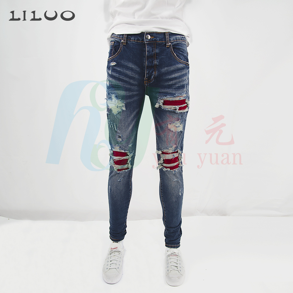 Liluo Dropshipping Wholesale High Street Painted Ripped Distressing Rhinestone Patched Designer Men Jeans