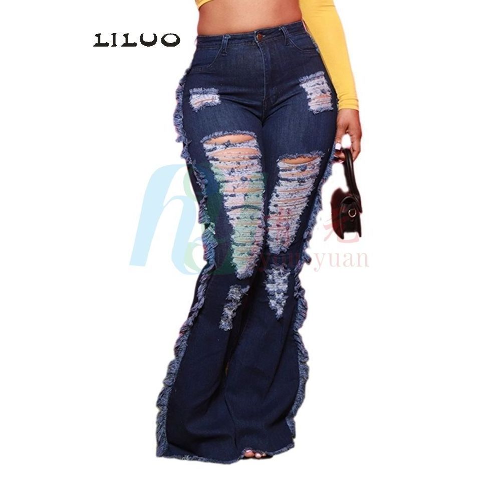 Hot Sale Plus Size Women Ripped Skinny Denim flared Jeans Long Pants Lady Trousers Clothing trousers pants for women