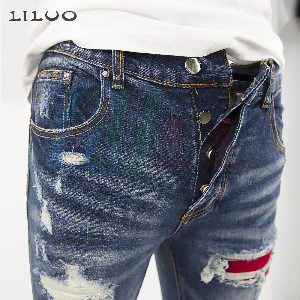 Liluo Dropshipping Wholesale High Street Painted Ripped Distressing Rhinestone Patched Designer Men Jeans