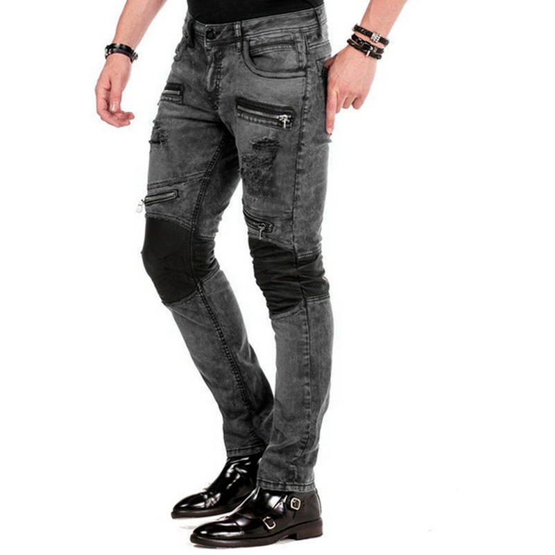 LILUO Men Jeans Stretchy Skinny Zippers Destroyed Patchwork Jeans Gothic Style Fashion Denim Pants Casual Streetwear Biker jeans