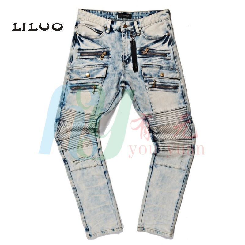 Hot sale new men fashion jeans biker denim pant wild denim fabric distressed spray paint ripped slim fit patched pants jeans