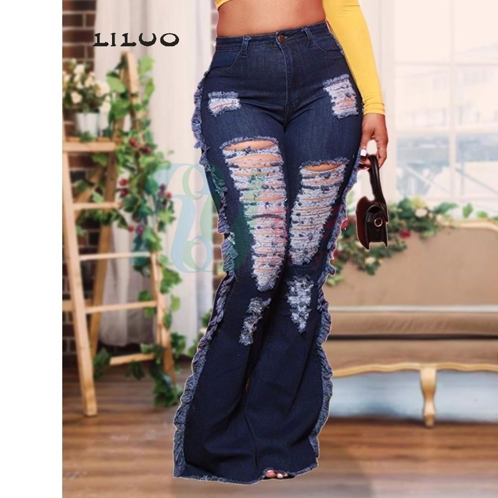 Hot Sale Plus Size Women Ripped Skinny Denim flared Jeans Long Pants Lady Trousers Clothing trousers pants for women