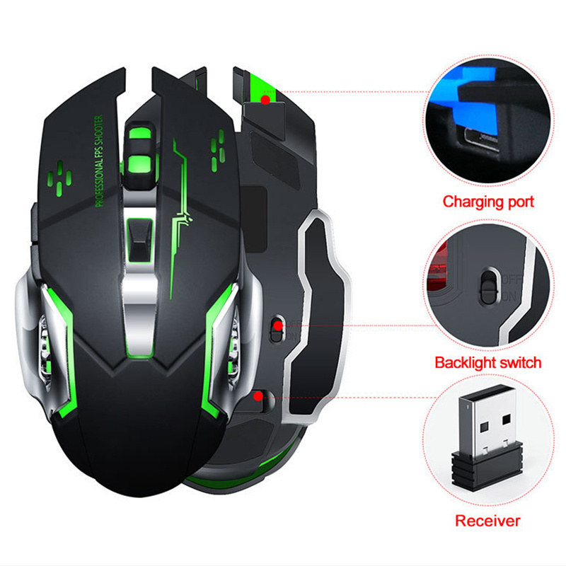 2024 2.4GH Silent Sport Gaming Racing charging 7-color Backlight Breath Comfort Gamer Mice Rechargeable Wireless Gaming Mouse