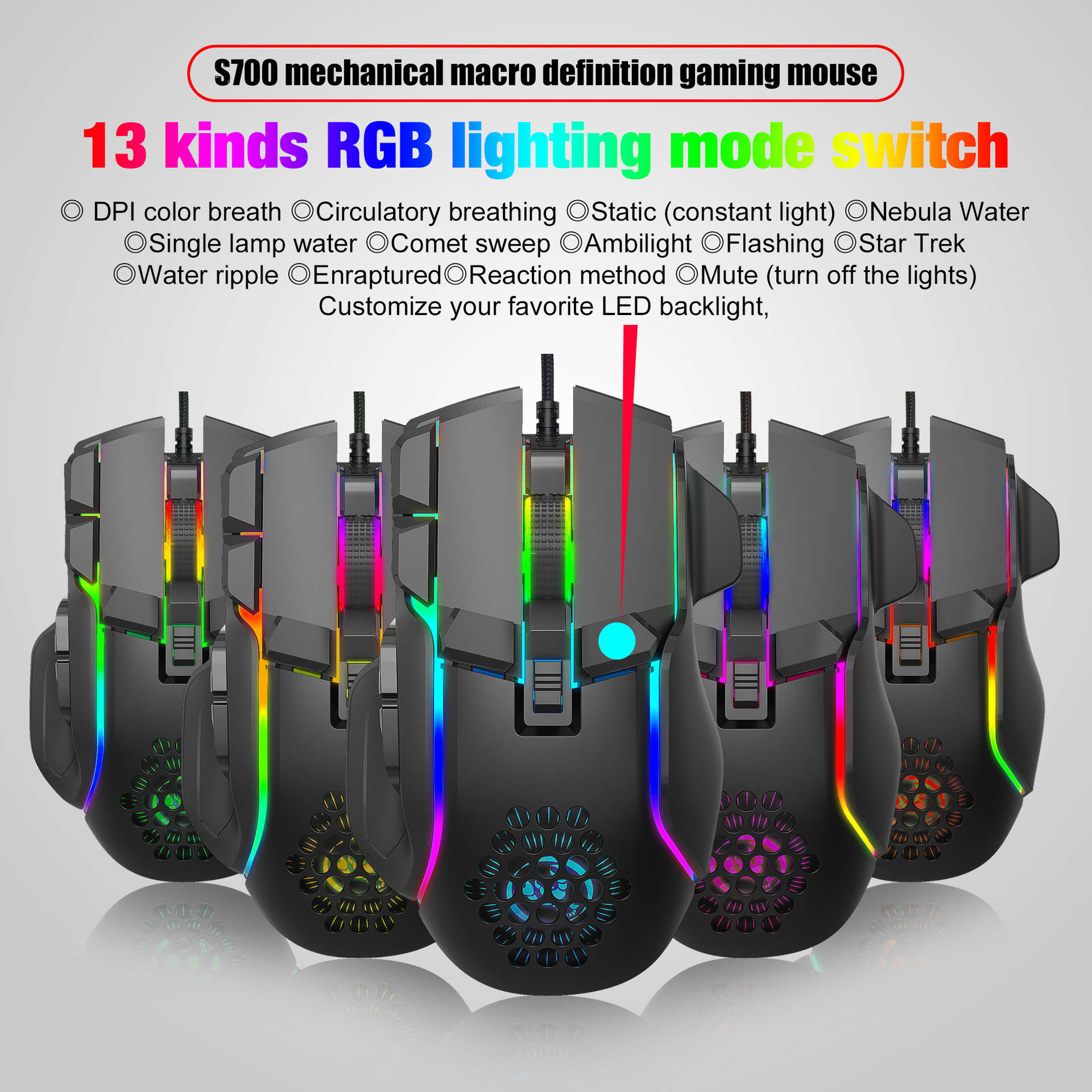 10-Button Wired Gaming Electronic Sports Mouse Macro Programming 13 RGB Light Modes 6-Block 12800DPI Factory in Stock