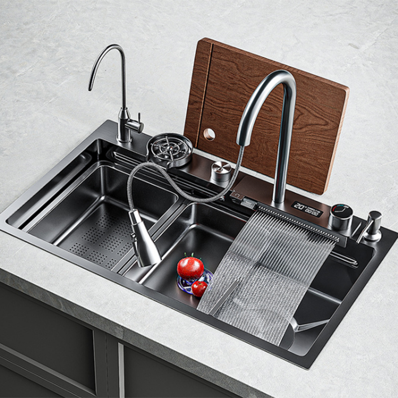 Waterfall Sink Kitchen Sink Stainless Steel Dishwashing Basin Multi-Function Large Single Tank Kitchen  Faucet