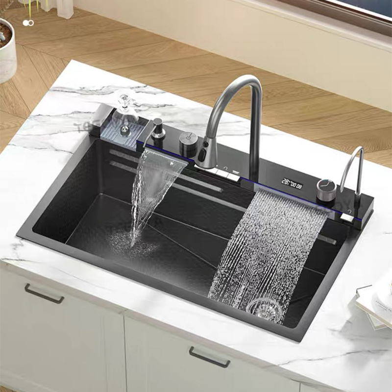 Waterfall Sink Kitchen Sink Stainless Steel Dishwashing Basin Multi-Function Large Single Tank Kitchen  Faucet