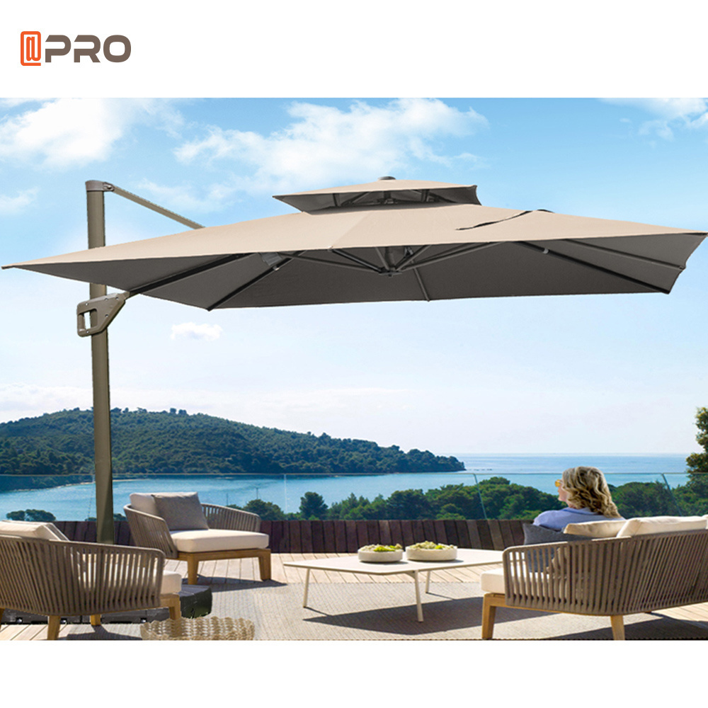 APRO Outdoor Cantilever Patio 360 Degree Rotating System Garden Waterproof Umbrellas Roman Cafe Parasols Solar Light Umbrella