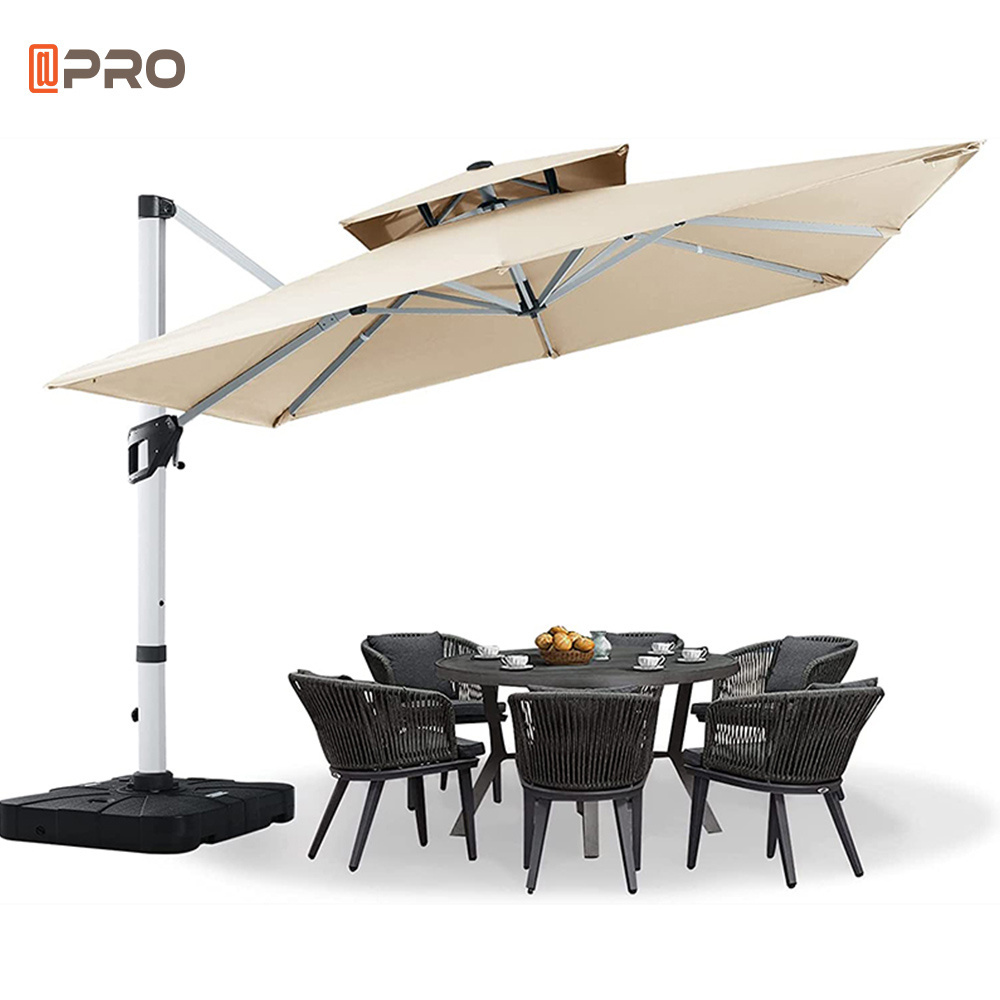 APRO Outdoor Cantilever Patio 360 Degree Rotating System Garden Waterproof Umbrellas Roman Cafe Parasols Solar Light Umbrella