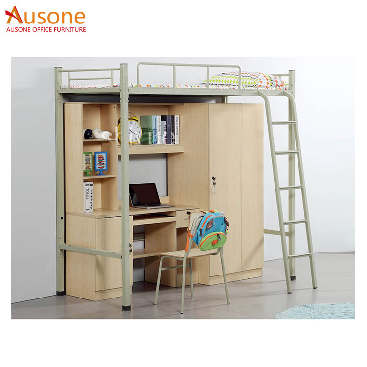 Wholesale modern design metal frame steel full size college dorm adult loft bunk bed with desk