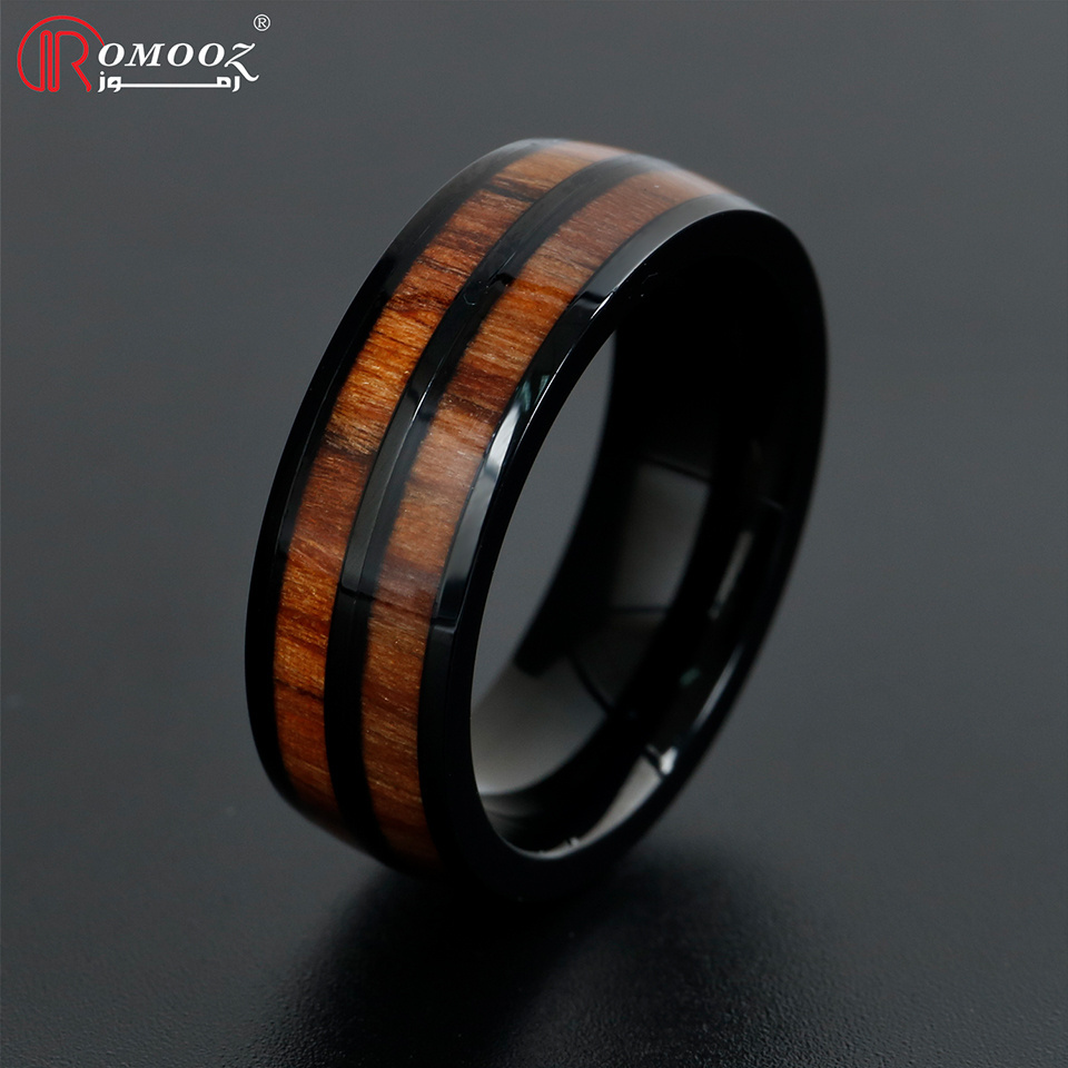 Romooz Jewelry New Design 8mm Whisky Wood Inlay Black and black Tungsten Ring for Men Women Fashion Engagement Wedding Band