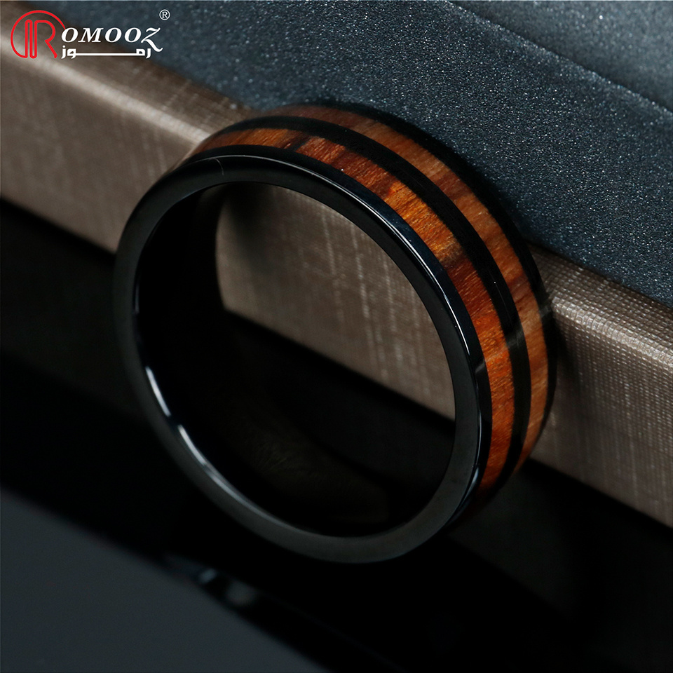 Romooz Jewelry New Design 8mm Whisky Wood Inlay Black and black Tungsten Ring for Men Women Fashion Engagement Wedding Band