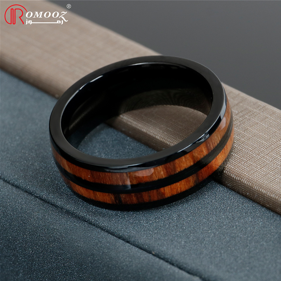 Romooz Jewelry New Design 8mm Whisky Wood Inlay Black and black Tungsten Ring for Men Women Fashion Engagement Wedding Band