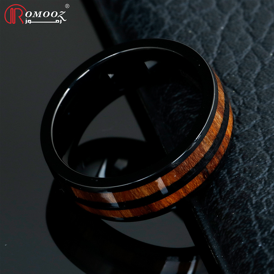 Romooz Jewelry New Design 8mm Whisky Wood Inlay Black and black Tungsten Ring for Men Women Fashion Engagement Wedding Band