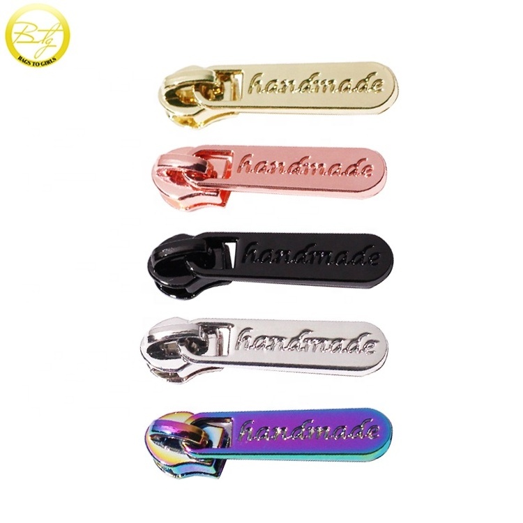 Wholesale handmade logo leather bag zipper tape zinc alloy stamped name zip slider puller for wallet hardware