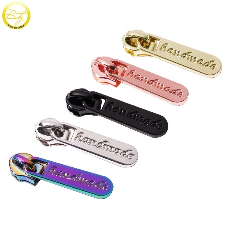 Wholesale handmade logo leather bag zipper tape zinc alloy stamped name zip slider puller for wallet hardware