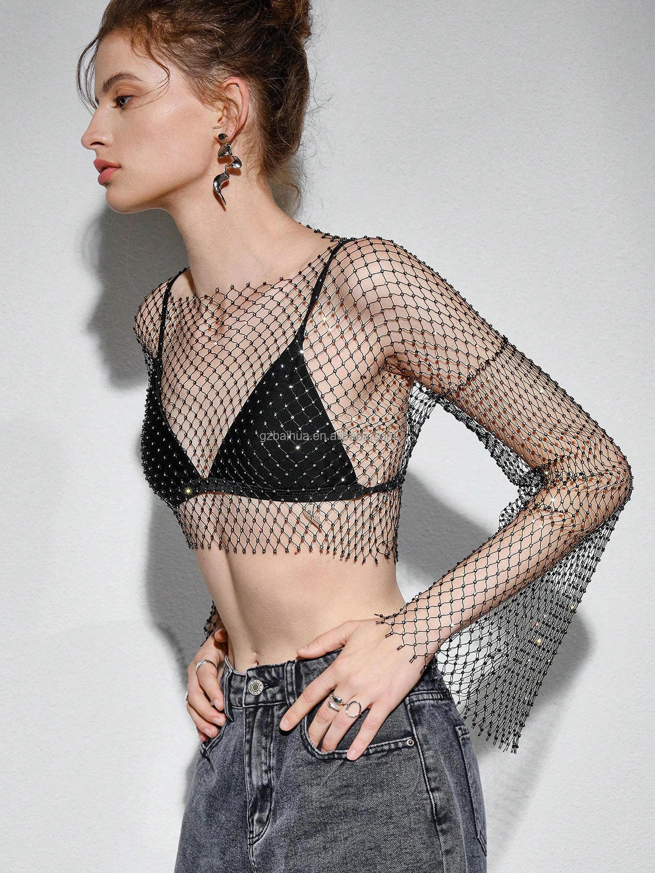 Sexy fishnet perspective bottoming hollow rhinestone crop blouse top diamond mesh T-shirt top for women