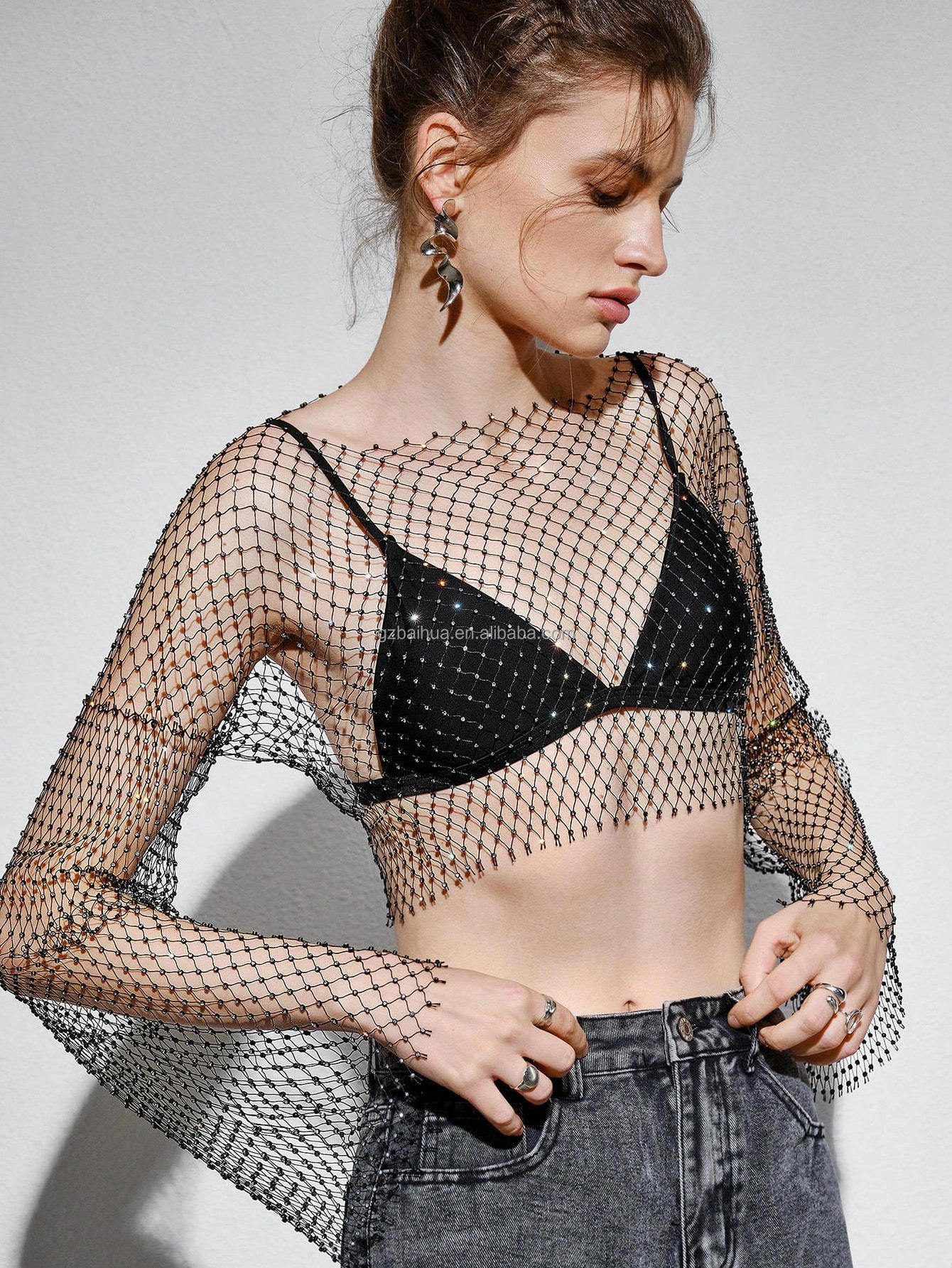 Sexy fishnet perspective bottoming hollow rhinestone crop blouse top diamond mesh T-shirt top for women