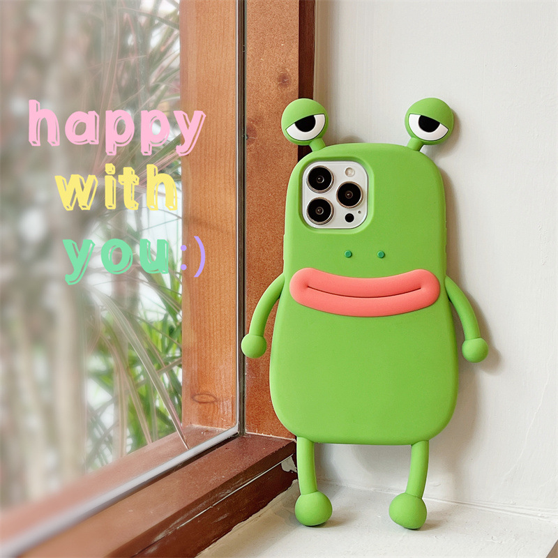 Creative sausage mouth big eyes Green frog mobile phone case 3D silicone shockproof protective cover for Iphone 12 13 14 15 pro