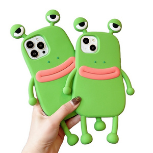 Creative sausage mouth big eyes Green frog mobile phone case 3D silicone shockproof protective cover for Iphone 12 13 14 15 pro