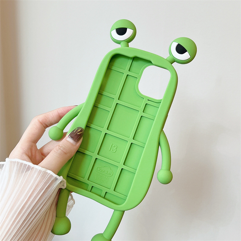 Creative sausage mouth big eyes Green frog mobile phone case 3D silicone shockproof protective cover for Iphone 12 13 14 15 pro