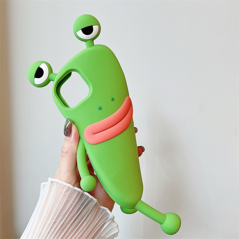 Creative sausage mouth big eyes Green frog mobile phone case 3D silicone shockproof protective cover for Iphone 12 13 14 15 pro