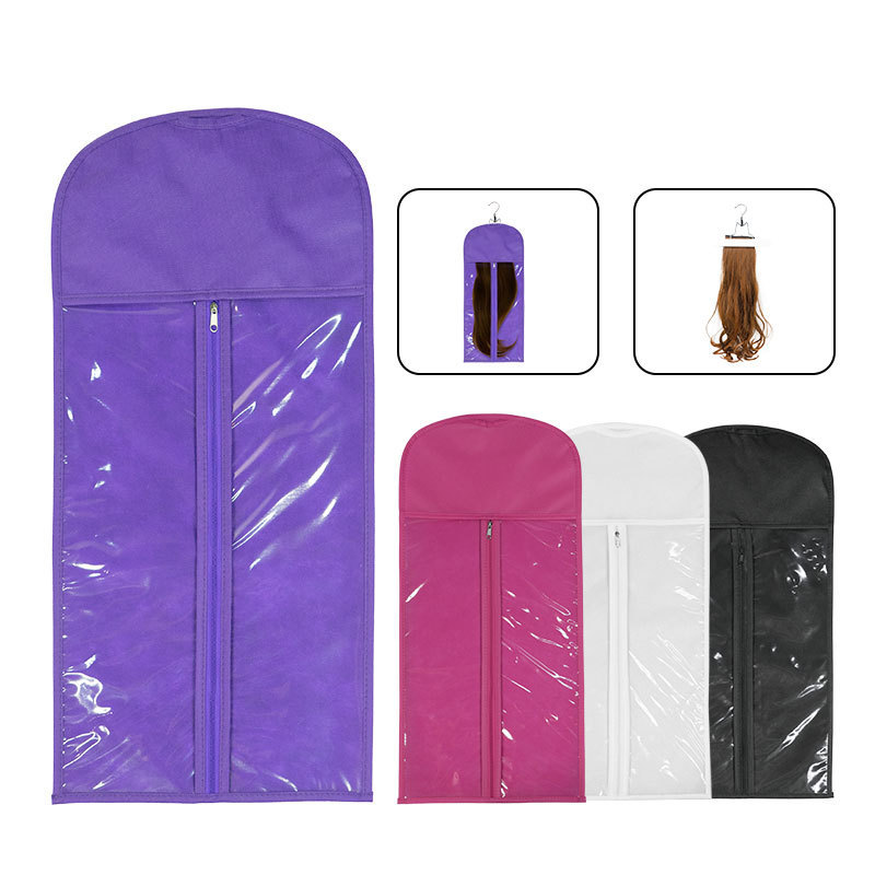 Custom Branded Human Hair Extension Storage Pouch Wig Packaging Bags Black Non-woven Hair Bags Wig Hanger