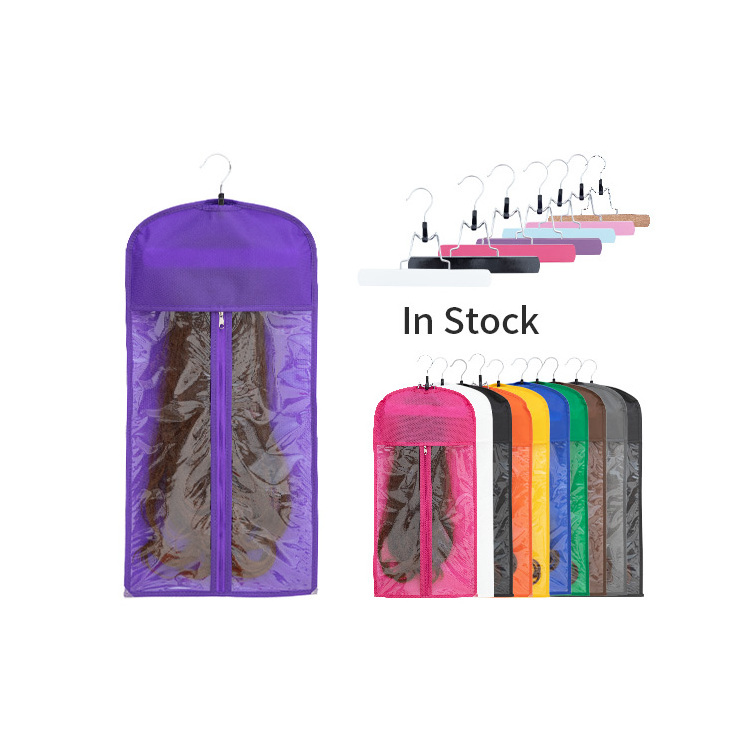 Custom Branded Human Hair Extension Storage Pouch Wig Packaging Bags Black Non-woven Hair Bags Wig Hanger