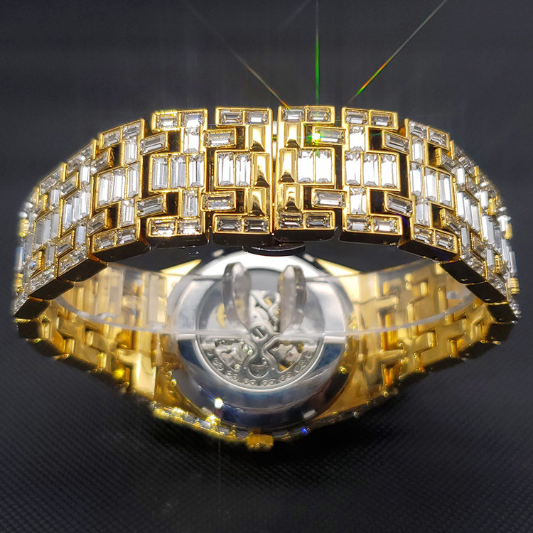 OEM Custom Jewelry Automatic Watches Top Brand Luxury 18k Gold Plate Business Stainless Steel Hip Hop Diamond Watch For Men