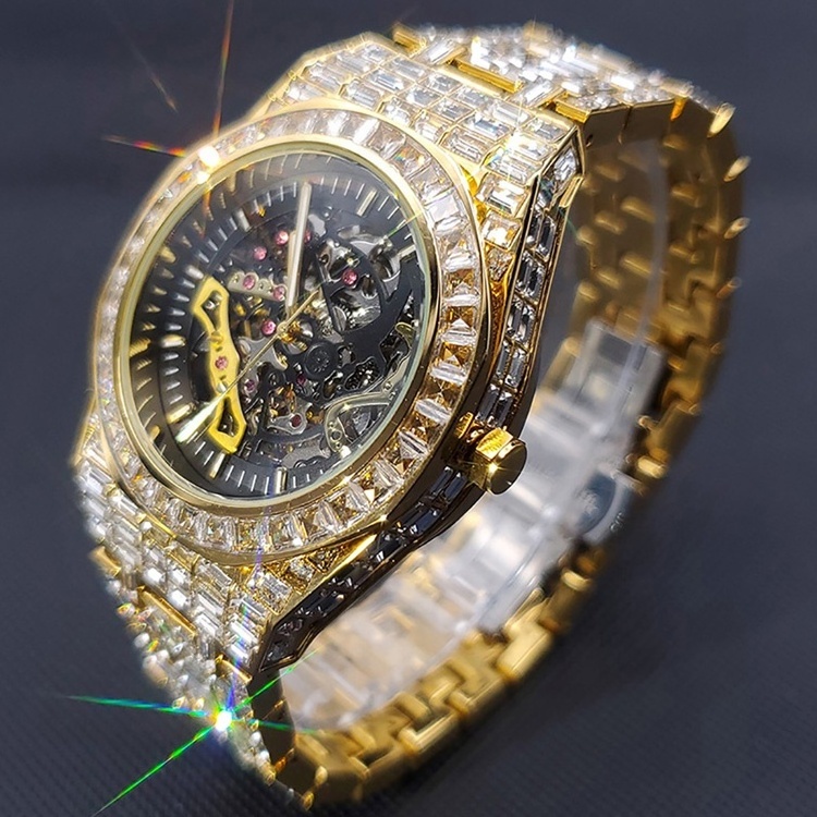 OEM Custom Jewelry Automatic Watches Top Brand Luxury 18k Gold Plate Business Stainless Steel Hip Hop Diamond Watch For Men