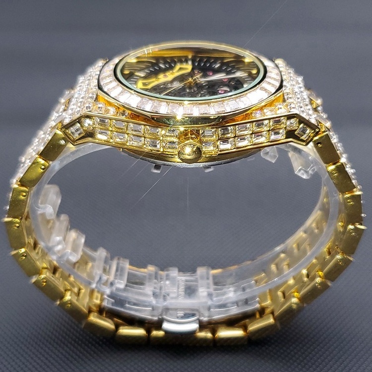 OEM Custom Jewelry Automatic Watches Top Brand Luxury 18k Gold Plate Business Stainless Steel Hip Hop Diamond Watch For Men