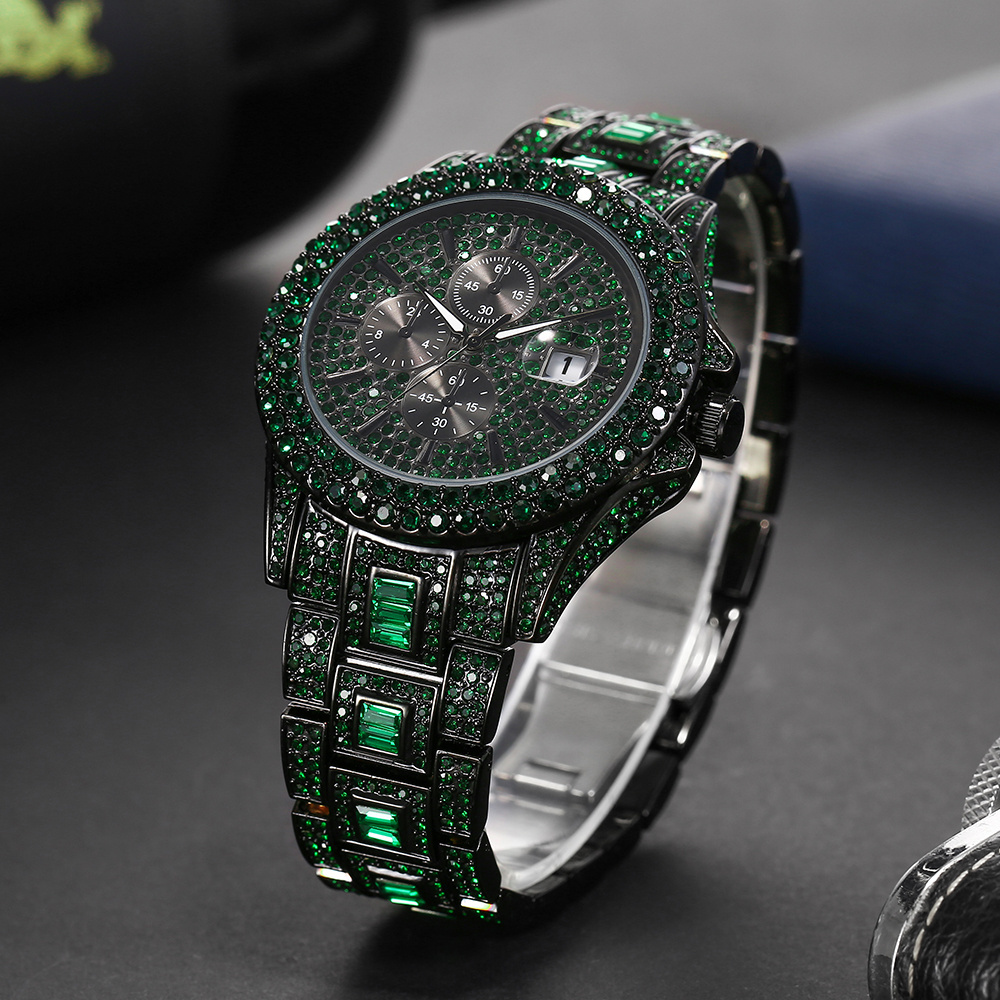 New Green Diamond Watch For Men Luxury Hip Hop Diamond Watches Unique Bling Ice Out Luminous Waterproof Clock