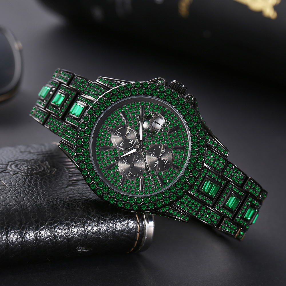 New Green Diamond Watch For Men Luxury Hip Hop Diamond Watches Unique Bling Ice Out Luminous Waterproof Clock