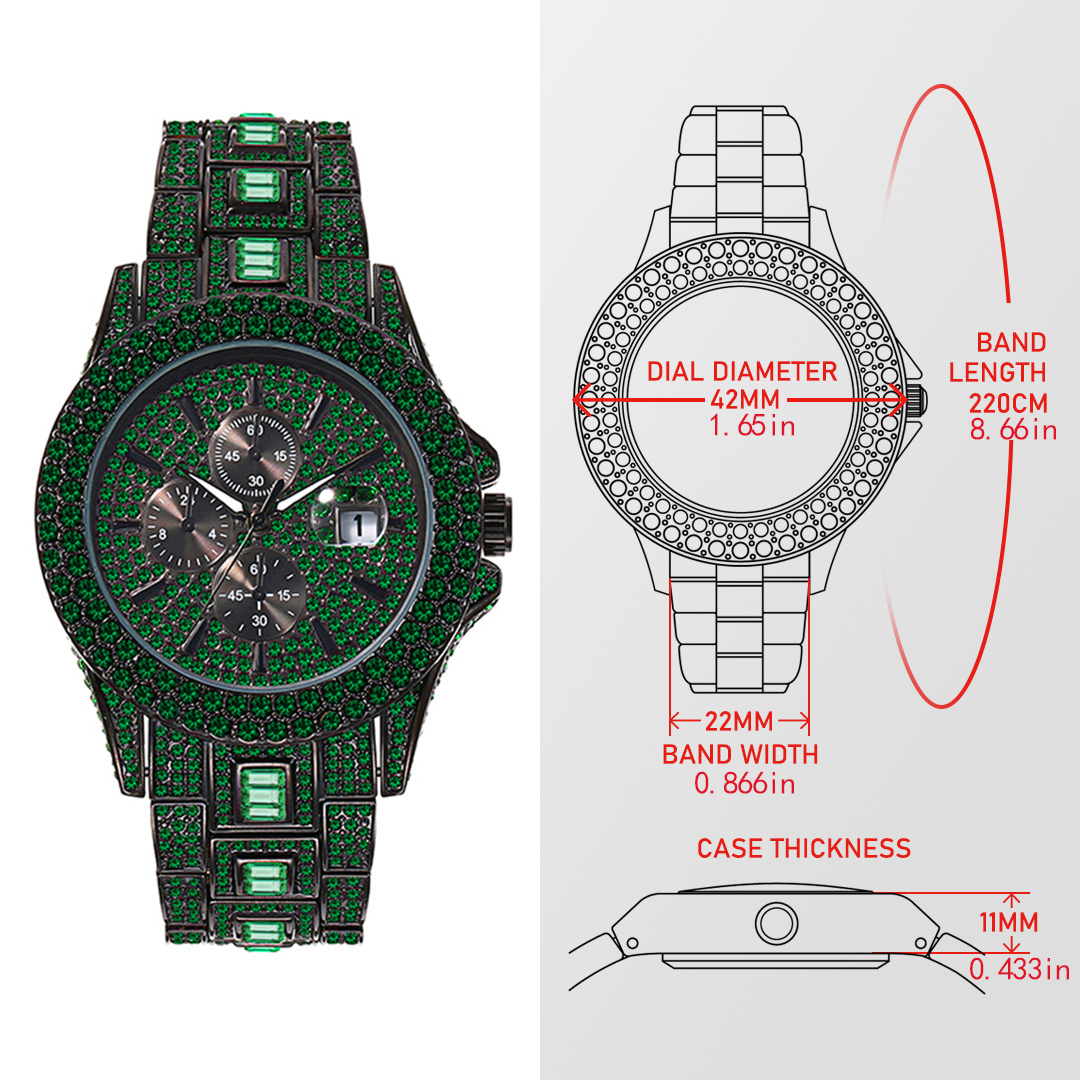 New Green Diamond Watch For Men Luxury Hip Hop Diamond Watches Unique Bling Ice Out Luminous Waterproof Clock