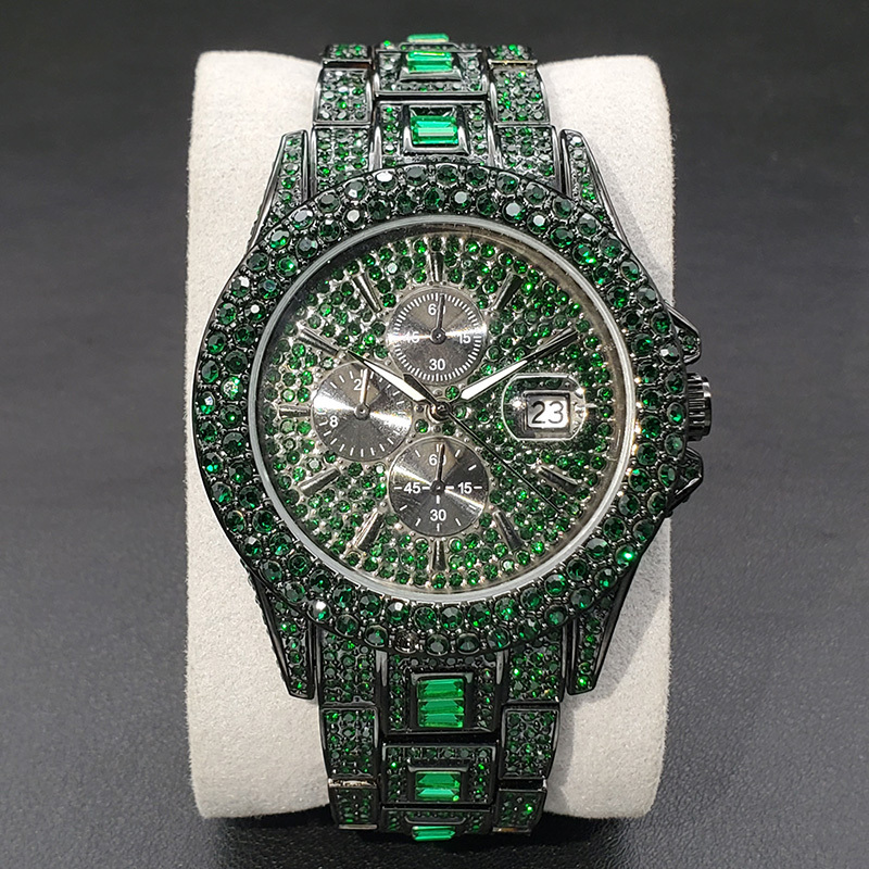 New Green Diamond Watch For Men Luxury Hip Hop Diamond Watches Unique Bling Ice Out Luminous Waterproof Clock