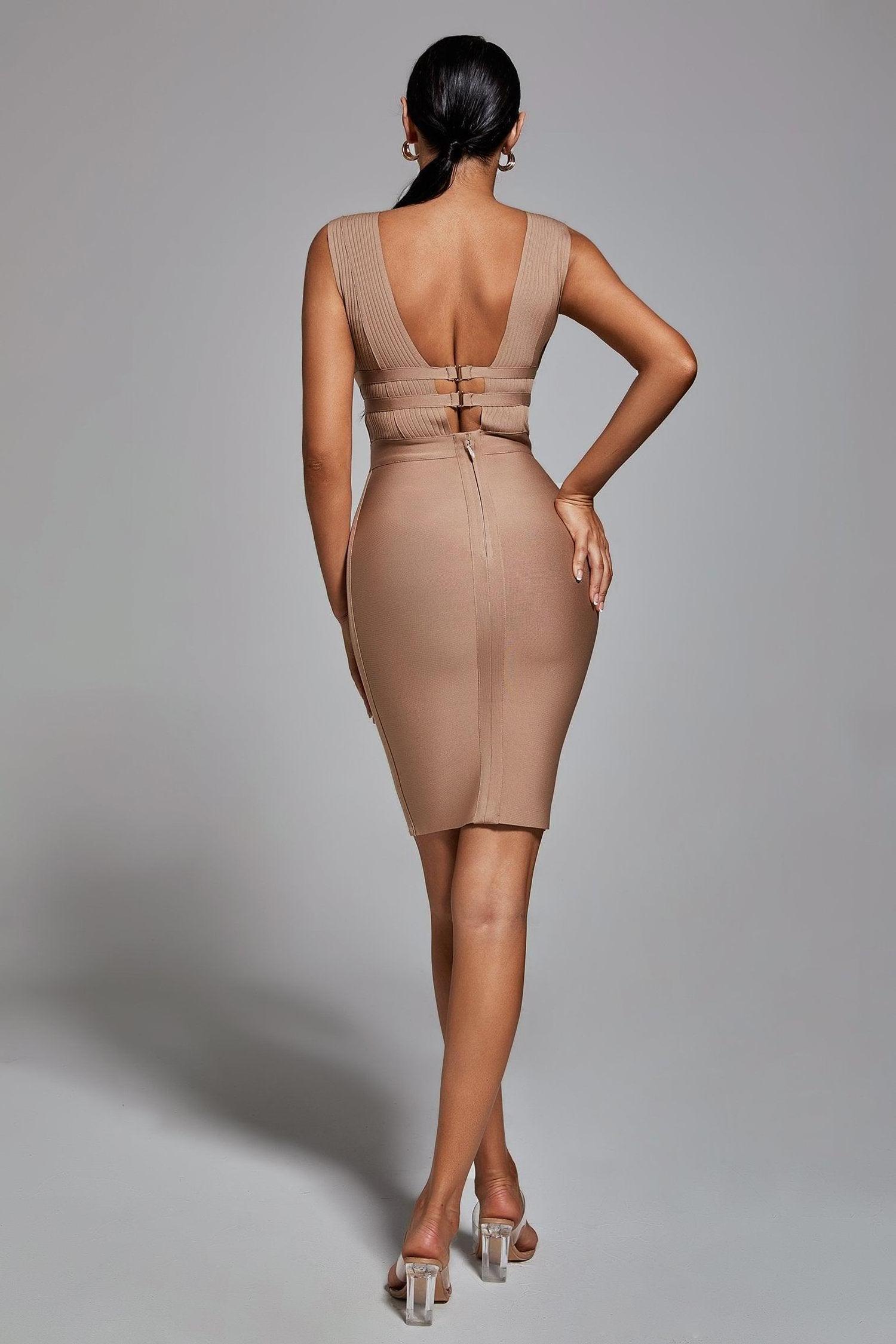 BEISHI Sexy Deep V Neck Hollow Out Midi Cocktail Party Rayon Bandage Dress Elegant Bodycon 2023