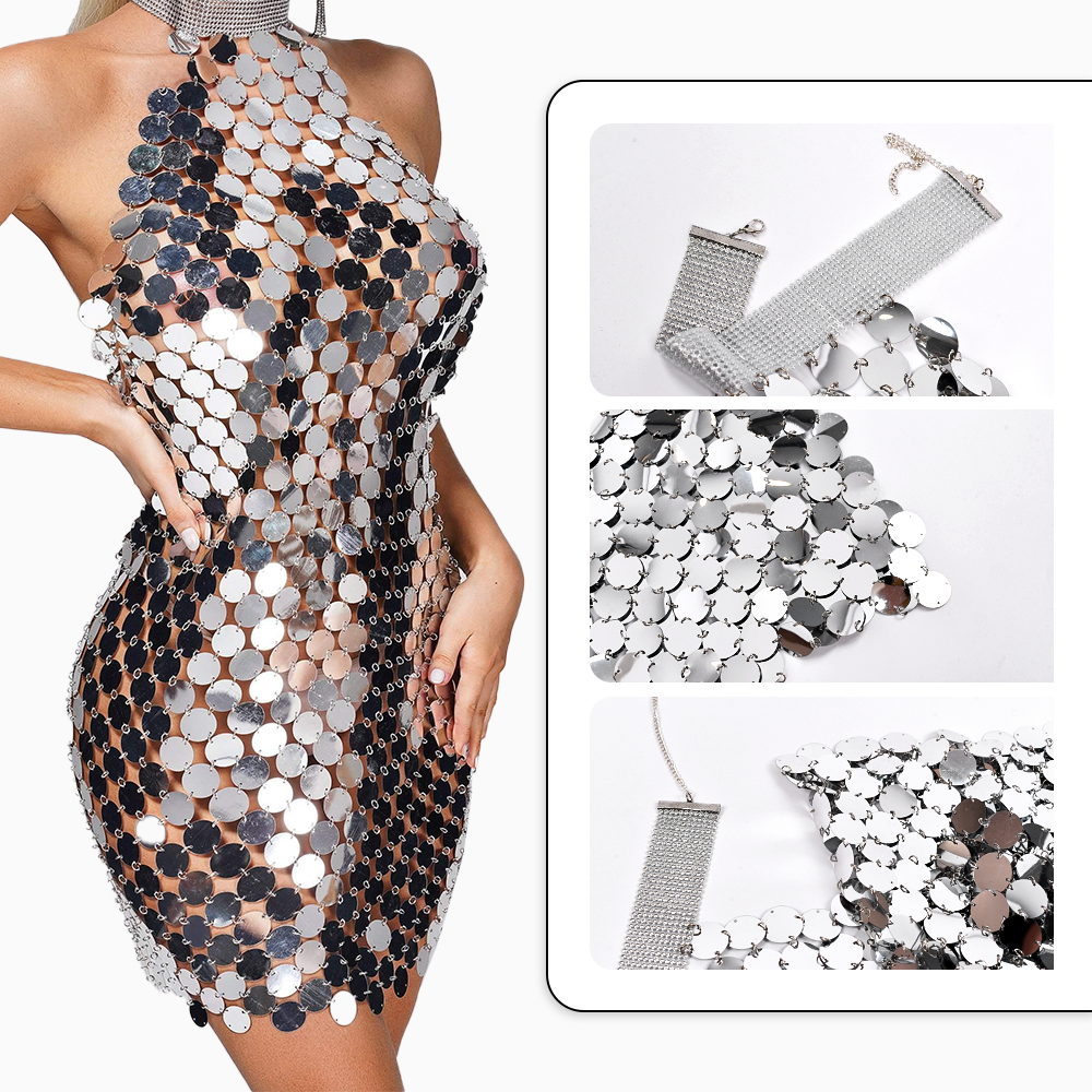 Fashion Best Sell Halter Neck Sexy Mini Metal Silver Backless Sequin Embellished Dresses Elegant Women Party Club