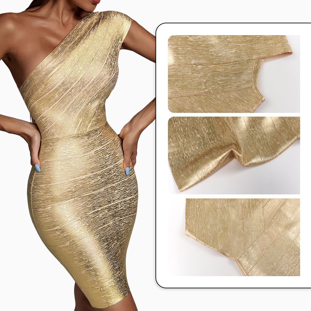 2023 Women Fashion One Shoulder Gold Bodycon Birthday Bandage Party Club Metallic Mini Sexy Cocktail Dress for Women