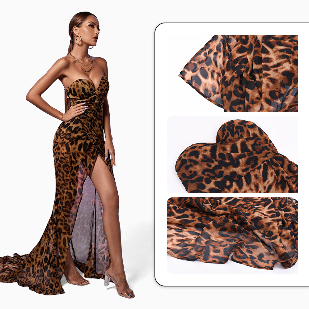 2023 Fashion New Design V Neck Sleeveless Floor Length Lady Women Sexy Evening Leopard Print Mesh Slit Maxi Prom Dress 2023