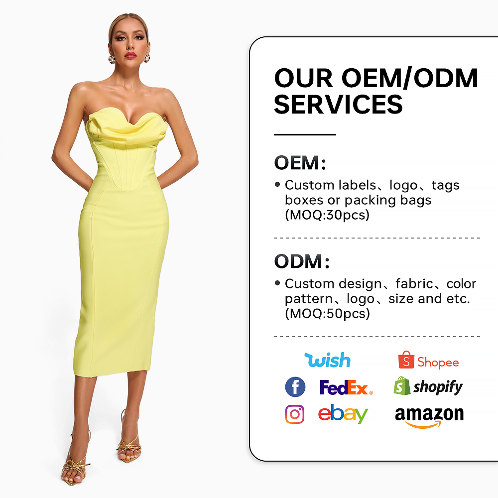 Custom Yellow Off Shoulder Strapless Bandage Party Formal Dress Elegant Bodycon Strapless Mini Bodycon Dress For Party Prom